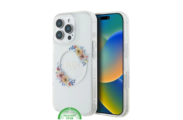 transparante iPhone 16 Pro hoesje met kleurrijk bloemenontwerp