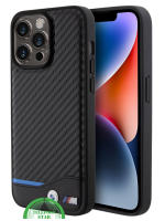 iPhone 15 Pro Design Hoesje &ndash; Zwart Carbon Look met Blauw Streepdetail