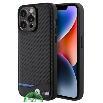 iPhone 15 Pro Design Hoesje – Zwart Carbon Look met Blauw Streepdetail