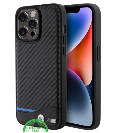 iPhone 15 Pro Design Hoesje &ndash; Zwart Carbon Look met Blauw Streepdetail