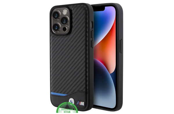 iPhone 15 Pro Design Hoesje – Zwart Carbon Look met Blauw Streepdetail
