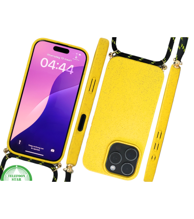 Gele Koord Hoesje – Duurzaam Siliconen Crossbody Case met Verstelbaar Draagkoord voor iPhone 16 Pro