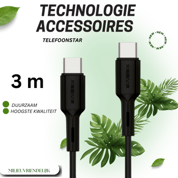 USB-C naar USB-C Kabel – 3 Meter – 65W zwart Snel Opladen & Data Sync