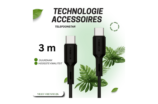USB-C naar USB-C Kabel – 3 Meter – 65W zwart Snel Opladen & Data Sync