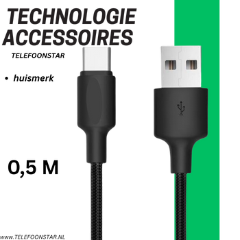 USB-A naar USB-C Kabel – 50cm – Snelladen & Gevlochten – Compact & Krachtig – Zwart