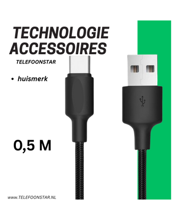 USB-A naar USB-C Kabel – 50cm – Snelladen & Gevlochten – Compact & Krachtig – Zwart