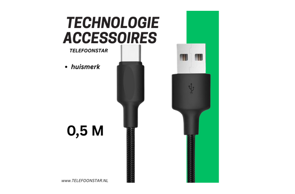 USB-A naar USB-C Kabel – 50cm – Snelladen & Gevlochten – Compact & Krachtig – Zwart