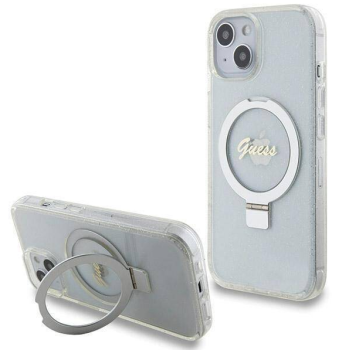 iPhone 15 MagSafe met Ringstandaard Hoesje | Guess Hoesje | Glitter Transparant