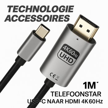 USB-C naar HDMI Kabel – 4K 60Hz – Plug & Play – Sluit je telefoon, tablet of laptop direct aan op je TV