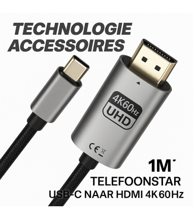 USB-C naar HDMI Kabel – 4K 60Hz – Plug & Play – Sluit je telefoon, tablet of laptop direct aan op je TV