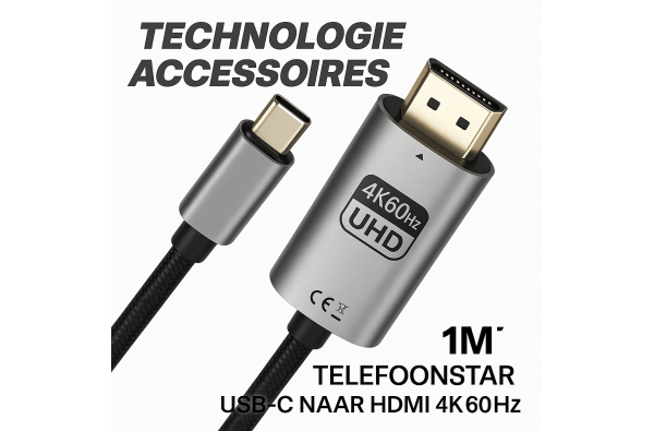 USB-C naar HDMI Kabel – 4K 60Hz – Plug & Play – Sluit je telefoon, tablet of laptop direct aan op je TV