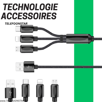 3-in-1 USB Oplaadkabel – USB-C, Micro-USB & Lightning – 1.2 Meter – Sterk Gevlochten