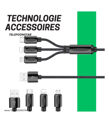 3-in-1 USB Oplaadkabel &ndash; USB-C, Micro-USB & Lightning &ndash; 1.2 Meter &ndash; Sterk Gevlochten