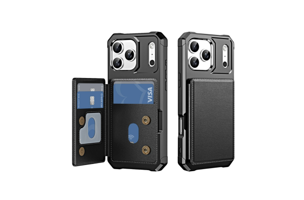  iPhone 17 Pro Case Card Slot Kickstand Leather + TPU Reinforced Corner Phone Cover - Black