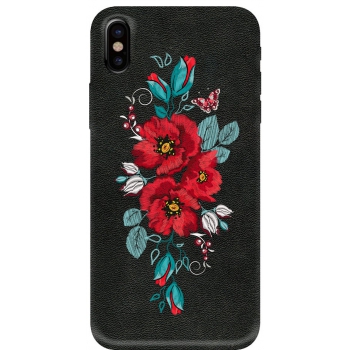 iPhone X hoesje Echt leer 'Rode Bloemen'