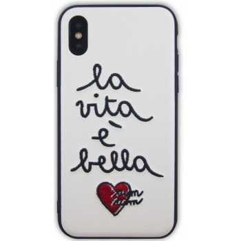 iPhone X hoesje Echt leer wit 'La vita é bella'