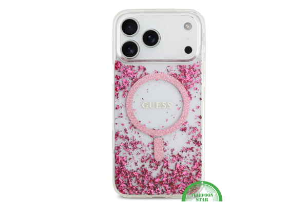 iPhone 17 Pro Max Guess MagSafe Hoesje – Roze Glitter Transparante Bescherming