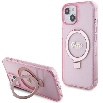 iPhone 15 MagSafe met Ringstandaard Hoesje | Guess Hoesje | Glitter Roze