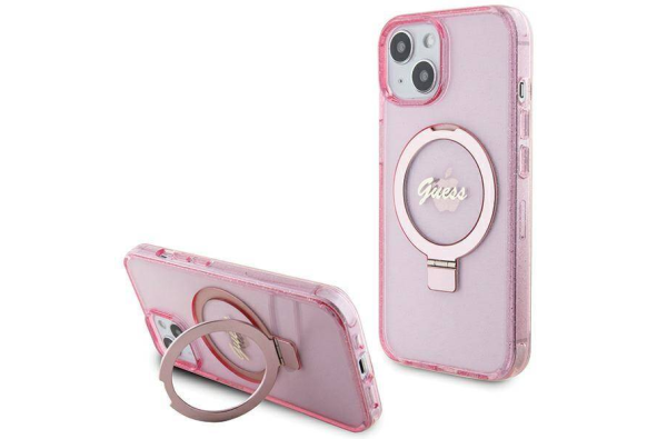 iPhone 15 MagSafe met Ringstandaard Hoesje | Guess Hoesje | Glitter Roze