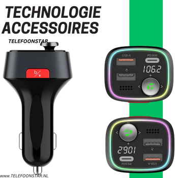 Bluetooth FM Transmitter Auto – RGB Verlichting, Snellader 36W USB-C & USB