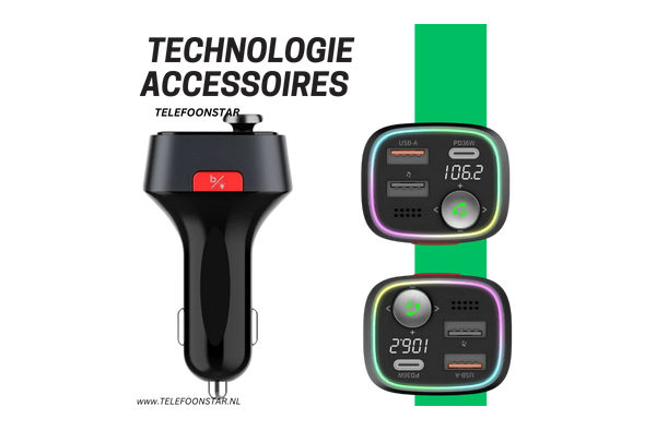 Bluetooth FM Transmitter Auto – RGB Verlichting, Snellader 36W USB-C & USB