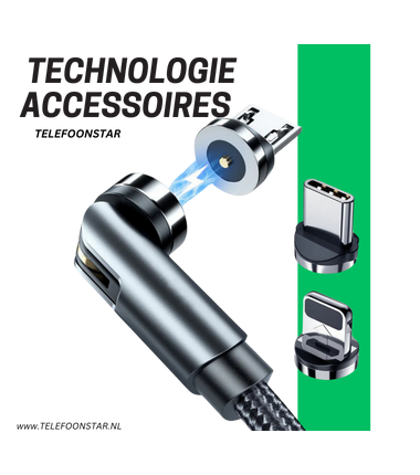 Magnetische Oplaadkabel – Huismerk – 360° Draaibaar | Inclusief USB-C & Micro-USB Adapter
