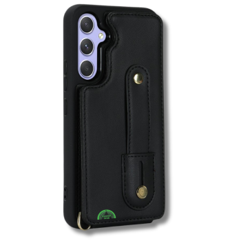 Samsung Galaxy S26 Case Kickstand Card Slots Leather Coated TPU Cover with Shoulder Strap - Black