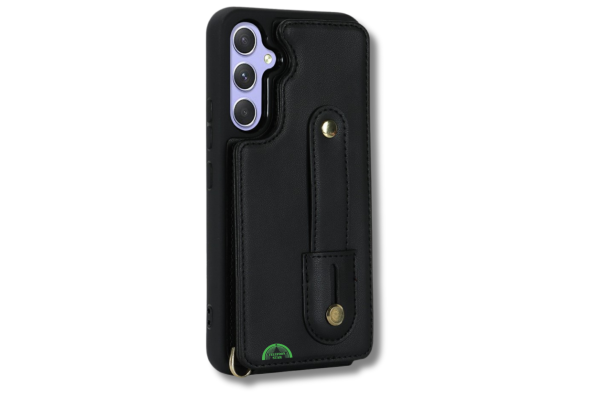 Samsung Galaxy S26 Case Kickstand Card Slots Leather Coated TPU Cover with Shoulder Strap - Black
