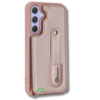 Samsung Galaxy S26 Case Kickstand Card Slots Leather Coated TPU Cover with Shoulder Strap Roze