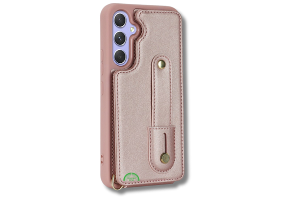 Samsung Galaxy S26 Case Kickstand Card Slots Leather Coated TPU Cover with Shoulder Strap Roze