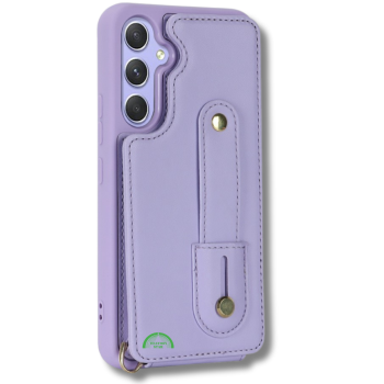 Samsung Galaxy S26 Case Kickstand Card Slots Leather Coated TPU Cover with Shoulder Strap Paars