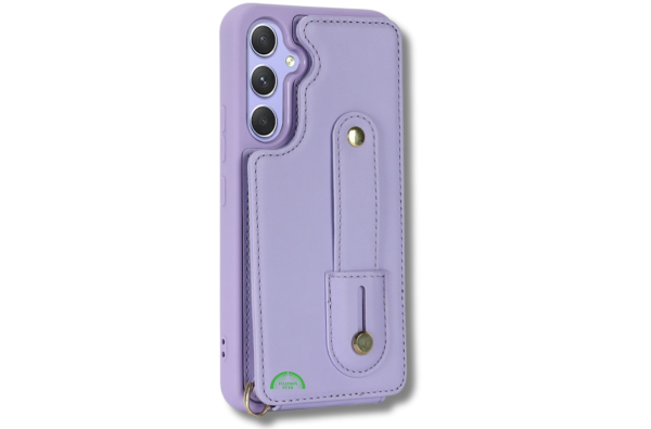 Samsung Galaxy S26 Case Kickstand Card Slots Leather Coated TPU Cover with Shoulder Strap Paars