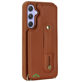 Samsung Galaxy S26 Case Kickstand Card Slots Leather Coated TPU Cover with Shoulder Strap Bruin