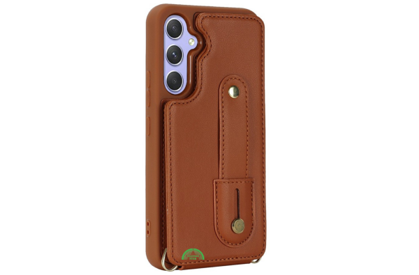 Samsung Galaxy S26 Case Kickstand Card Slots Leather Coated TPU Cover with Shoulder Strap Bruin