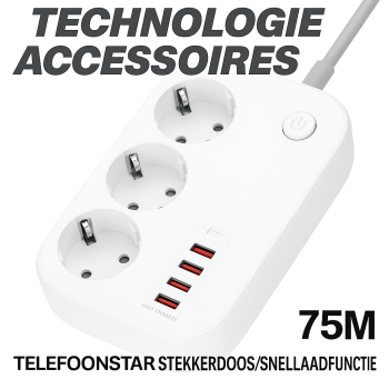 Stekkerdoos met USB & Snellader – 3 Stopcontacten + 4 USB-poorten – 65W PD & QC 3.0 – 2 Meter Snoer