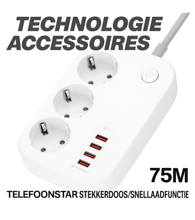 Stekkerdoos met USB & Snellader &ndash; 3 Stopcontacten + 4 USB-poorten &ndash; 65W PD & QC 3.0 &ndash; 2 Meter Snoer