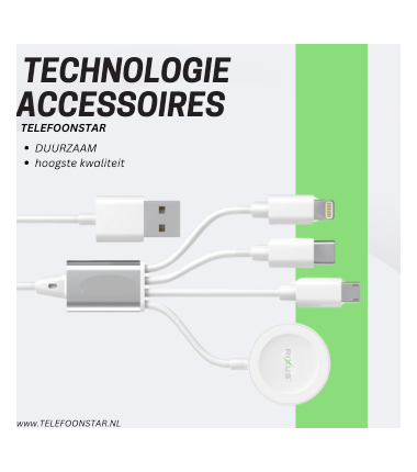 4-in-1 Oplaadkabel – USB naar Lightning, USB-C, Micro-USB & Apple Watch | Huismerk Telefoonstar – €12,95