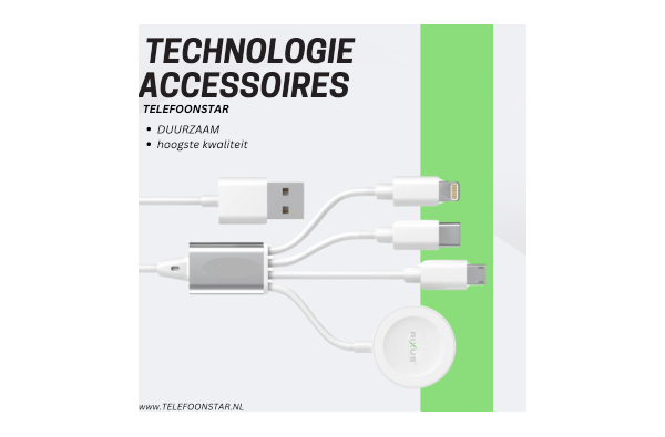 4-in-1 Oplaadkabel – USB naar Lightning, USB-C, Micro-USB & Apple Watch | Huismerk Telefoonstar – €12,95