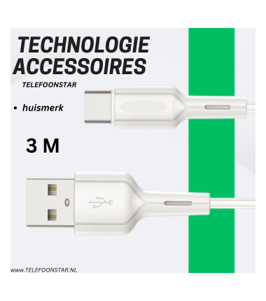USB-A naar USB-C Kabel &ndash; 3 Meter &ndash; Data & Opladen &ndash; Extra Lang & Betrouwbaar