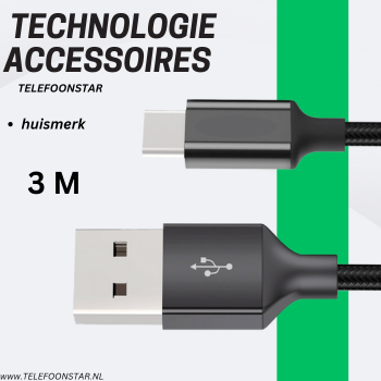 USB-A naar USB-C Kabel – 3 Meter – Data & Opladen zwart– Extra Lang & Betrouwbaar