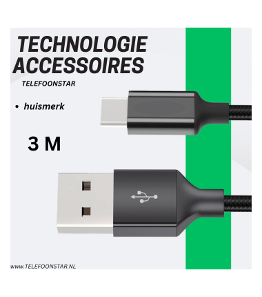 USB-A naar USB-C Kabel – 3 Meter – Data & Opladen zwart– Extra Lang & Betrouwbaar