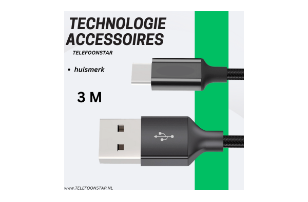 USB-A naar USB-C Kabel – 3 Meter – Data & Opladen zwart– Extra Lang & Betrouwbaar