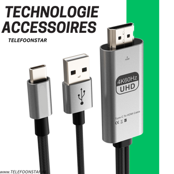 USB-C naar HDMI Kabel met USB-A Power – 4K 60Hz – Voor Laptops, Tablets & Smartphones