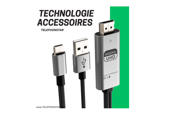 USB-C naar HDMI Kabel met USB-A Power – 4K 60Hz – Voor Laptops, Tablets & Smartphones