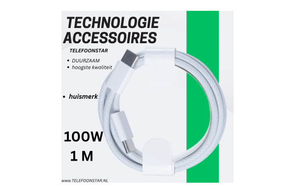 USB-C naar USB-C Kabel – 100W Power Delivery – Gevlochten Nylon – Ultra Stevig & Snel – 1 Meter