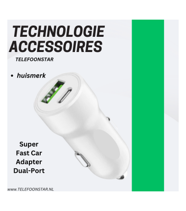 USB-C + USB-A Autolader – Snellader voor in de Auto – 2 Poorten – Compact & Krachtig