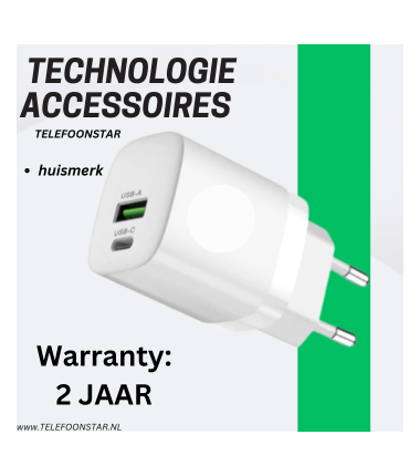 USB-C + USB-A Snellader – Power Delivery & Quick Charge 3.0 – 2-Poorts Wandadapter – Compact en Krachtig