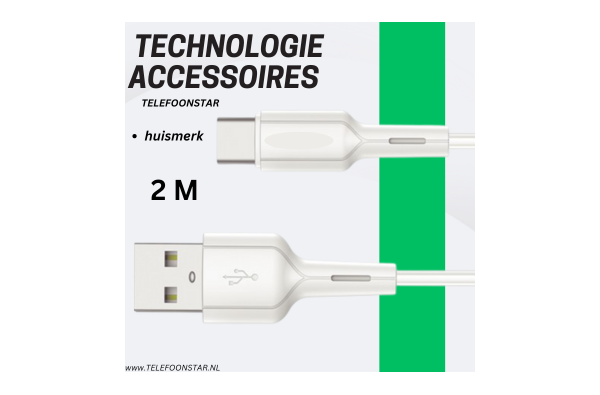 USB naar USB-C Kabel – 2 Meter – 2.4A Output – Snelladen & Data – Wit